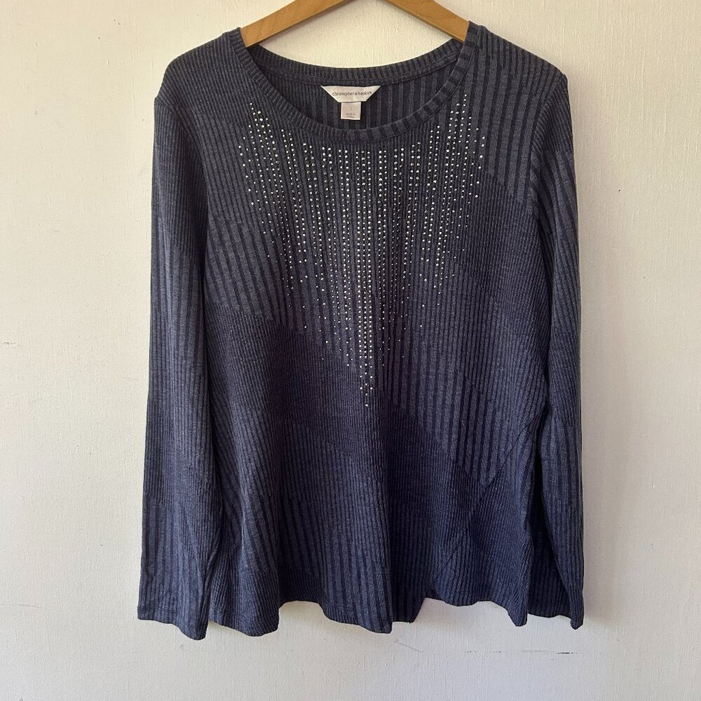 Christopher & Banks Rhinestone Top Womens Large Blue Blouse Statement Maximalist